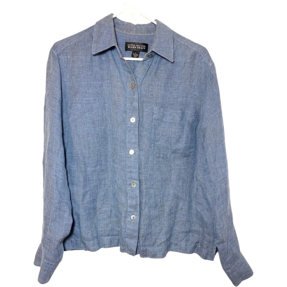Linda Allard Ellen Tracy Size 10 Blue Linen Button Down Shirt